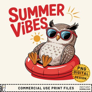 Könnte beinhalten: Eine Cartoon-Eule mit Sonnenbrille und einem roten Schwimmring, mit dem Text "Summer Vibes" in roten Buchstaben darüber. Rechts vom Text befindet sich ein kleines Sonnensymbol und links von der Eule ein größeres Sonnensymbol.