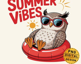 Sommarvibbar png, uggla i poolmadrass png, stranduggla-tröja med tryck, sommarsublimeringsdesign, tropisk uggla-grafik