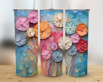 Flores de dientes de león de colores 3D, vaso delgado de 20 oz, diseño de sublimación, envoltura de vaso recto y cónico, descarga digital png, gráfico