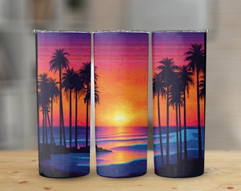 Retro Neon Beach Neon Colors 20 oz Skinny Tumbler, Sublimation Design, Straight and Tapered Tumbler Wrap, Digital Download png, Graphic