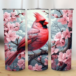 3D Red Cardinal Bird Flowers 20 oz Skinny Tumbler, Sublimation Design, Straight and Tapered Tumbler Wrap, Digital Download png, Graphic