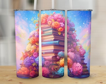 Book Lover Floral Art 20 oz Skinny Tumbler, Sublimation Design, Straight and Tapered Tumbler Wrap, Digital Download png, Graphic