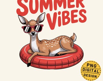 Letnie wibracje Deer Png, Deer Pool Float Png, Zabawny letni projekt, Nadruk na koszulce Deer, Letni projekt sublimacji, Cyfrowe pobieranie Png