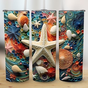 3D Seashells Beach 20 oz Skinny Tumbler, Sublimation Design, Straight and Tapered Tumbler Wrap, Digital Download png, Graphic