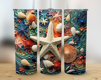 3D-snäckskalstrand 20 oz smal tumbler, sublimeringsdesign, rak och avsmalnande tumbleromslag, digital nedladdning png, grafik
