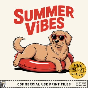 May include: A cartoon illustration of a golden retriever wearing red sunglasses and relaxing on a red inflatable ring. The text "SUMMER VIBES" is written in red letters above the dog. The image is labelled "PNG DIGITAL DESIGN".