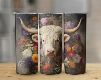 Highland Cow Daisy Flower 20 oz Skinny Tumbler, Sublimation Design, Straight and Tapered Tumbler Wrap, Digital Download png, Graphic