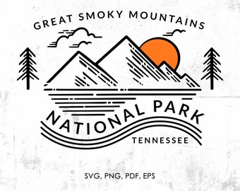May include: Black and white line art illustration of the Great Smoky Mountains National Park logo. The logo features a mountain range with a sun setting behind it, two pine trees, and the words "Great Smoky Mountains National Park Tennessee".