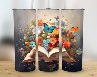 3D Colorful Flowers Books 20 oz Skinny Tumbler, Sublimation Design, Straight and Tapered Tumbler Wrap, Digital Download png, Graphic