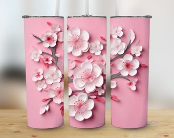 3D White Pink Flowers 20 oz Skinny Tumbler, Sublimation Design, Straight & Tapered Tumbler Wrap, Digital Download png, Graphic