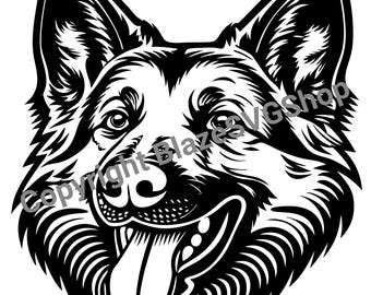 Puede incluir: Ilustración en blanco y negro de un perro pastor alemán con la lengua fuera. El perro mira hacia la derecha y tiene una expresión feliz.