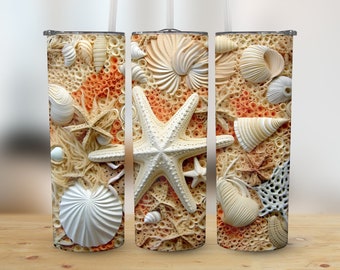3D-snäckskalstrand 20 oz smal tumbler, sublimeringsdesign, rak och avsmalnande tumbleromslag, digital nedladdning png, grafik