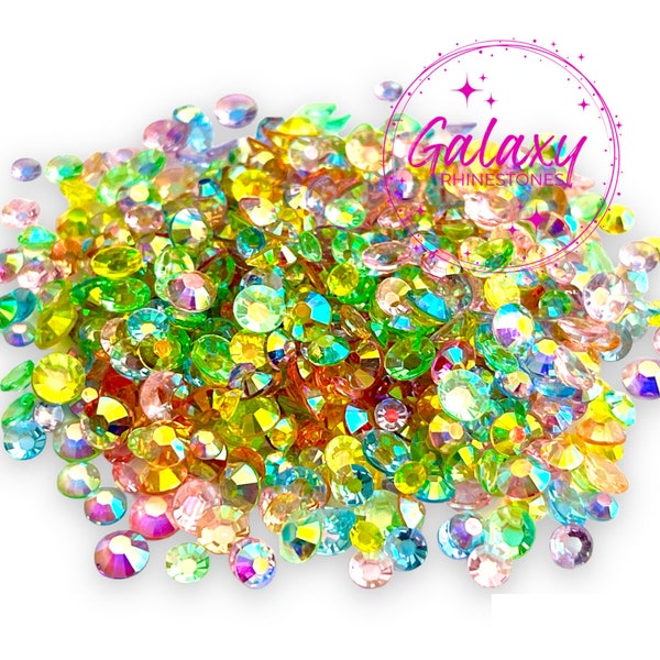 Transparent Rainbow Sprinkle Mix 6-Color Custom Mix Transparent AB Resin Rhinestones Non Hotfix Flatback 3MM, 4MM, & 5MM Mixed