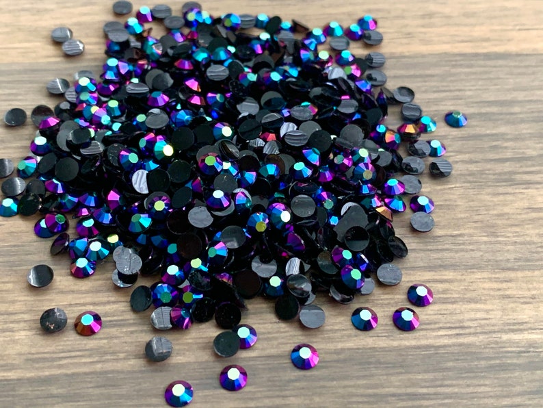 1,500ct Moonlight AB on Jet Black Base Jelly Resin Rhinestones Non Hotfix Flatback 2MM, 3MM, 4MM, 5MM, Ships from USA Perfect for Tumblers 