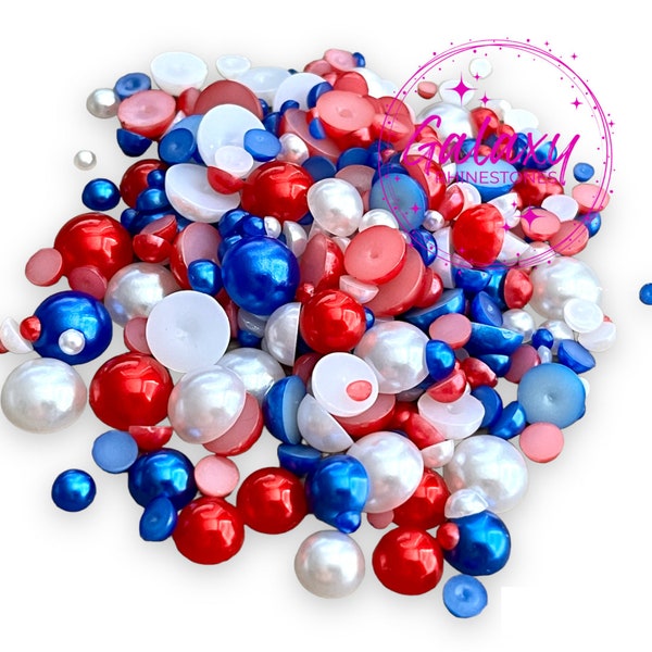 Red, White, & Blue Half Round Pearl Custom Mix - 1oz Flatback Half Round Faux Pearls Resin Flatback Rhinestones Mixed Sizes 3mm-10mm