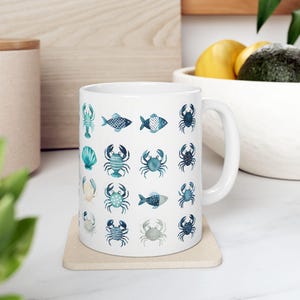 Nautical Nantucket Style Ceramic Mug, Coastal Sea Life Coffee Cup, Beach Theme Drinkware, Ocean Lover Gift, Fish Crab Lobster Kitchen Decor