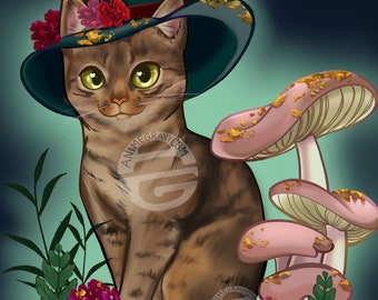 Tabby mushrooms witch cat 11x17" art print