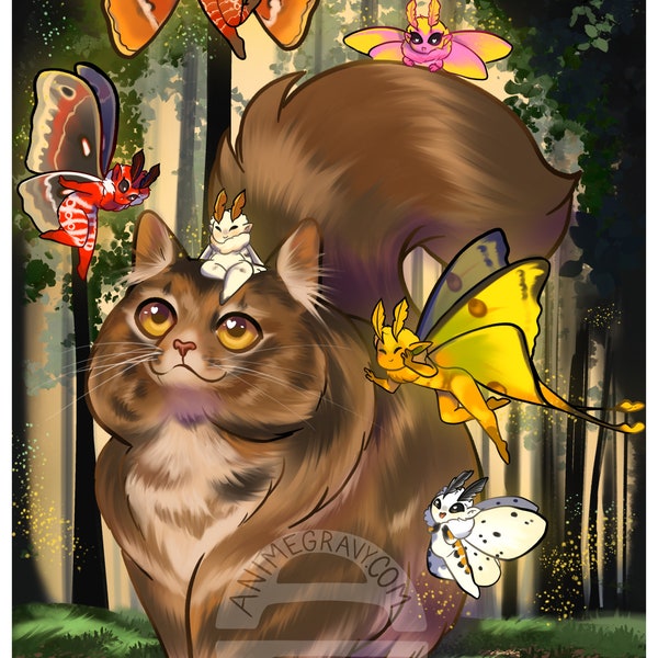 Norwegian forest cat whimsical moth fairies 11x17” print