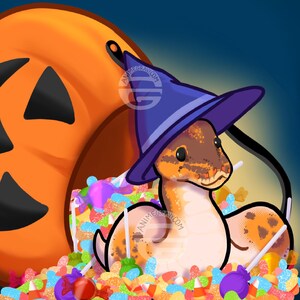 May include: A cartoon snake wearing a purple witch hat is sitting in a pile of colorful candy. The snake is holding a candy cane in its mouth. The snake is sitting in front of a large orange pumpkin with a jack-o-lantern face.