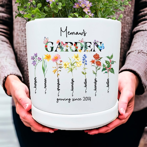 Pot de fleur personnalisé en céramique pour le mois de naissance, cadeau unique pour la fête des mères pour elle, cadeau pour grand-mère, maman, femme, pot de plante intérieur/extérieur