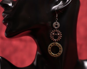 Steampunk Gear Dangle Earrings - Silver, Copper & Bronze Cog Jewelry