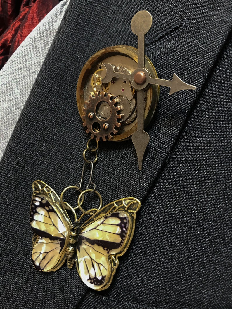 Steampunk Butterfly Wedding Lapel Pins Boutonniere Recycled Clock Works Groom Groomsman Love Industrial Pin