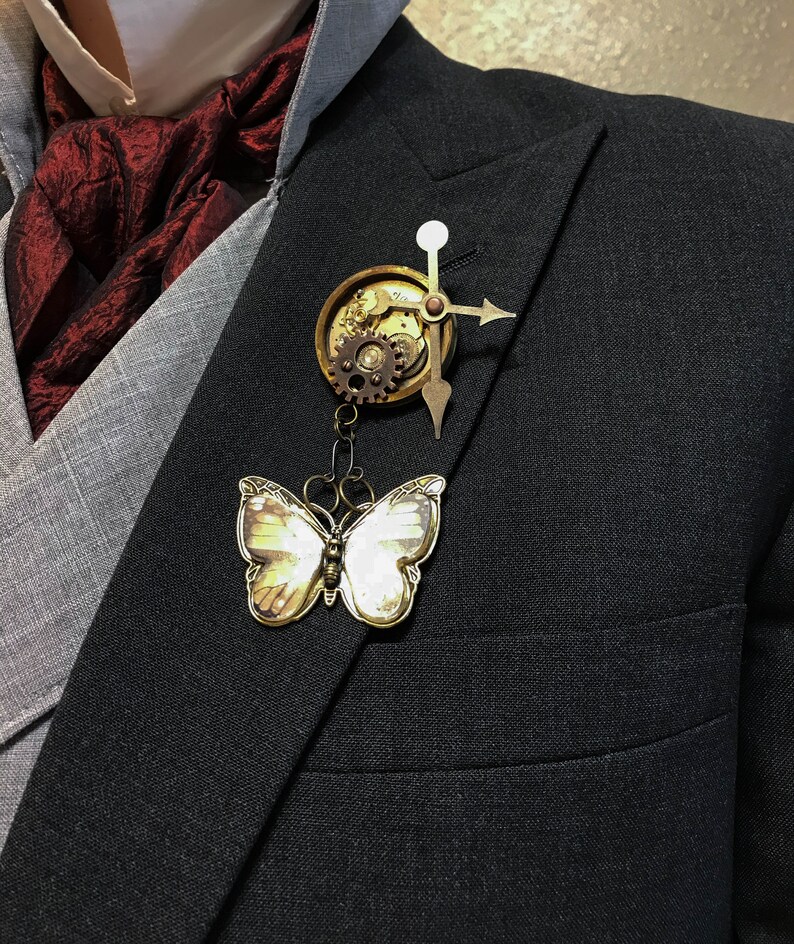 Steampunk Butterfly Wedding Lapel Pins Boutonniere Recycled Clock Works Groom Groomsman Love Industrial Pin