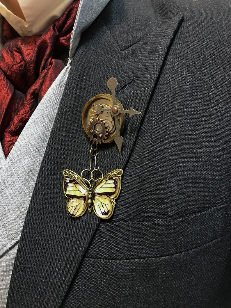 Steampunk Butterfly Wedding Lapel Pins Boutonniere Recycled Clock Works Groom Groomsman Love Industrial Pin