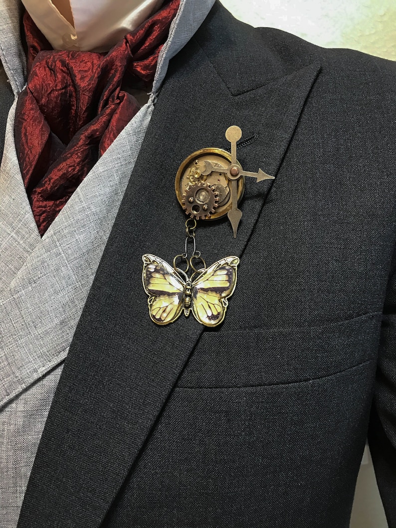 Steampunk Butterfly Wedding Lapel Pins Boutonniere Recycled Clock Works Groom Groomsman Love Industrial Pin