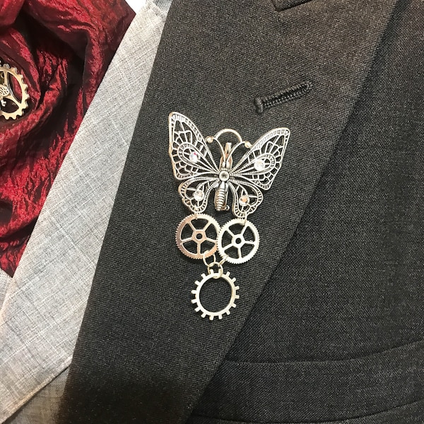 Steampunk Chrome Butterfly and Gear Wedding Corsage Lapel Pins Boutonniere Brooch Love Industrial Pin Unisex Mother of Bride