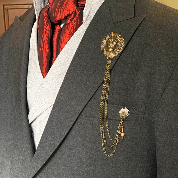 Stylish Lion Head 2 part Boutonniere Lapel Pin with Chain Swag