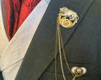 Steampunk Lion Lapel Pin with Gears & Chain - Gothic Suit Brooch