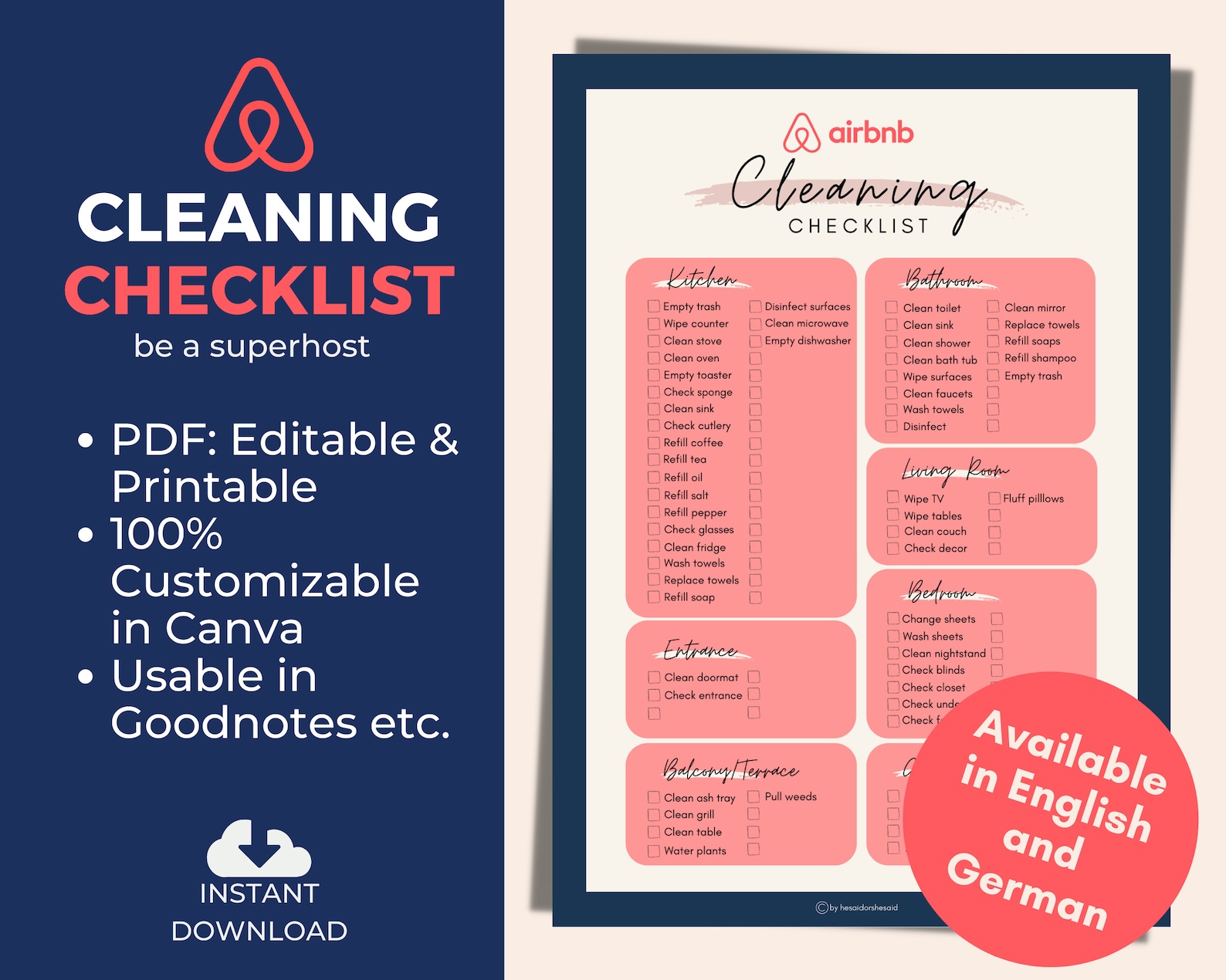 Airbnb Cleaning Checklist Editable in PDF, Canva, Goodnotes or Printed