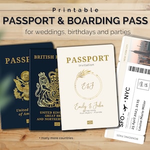 Modelo de convite de passaporte e cartão de embarque para casamento, aniversário, festa | 100% personalizável no Canva | Faça você mesmo para impressão | Download instantâneo