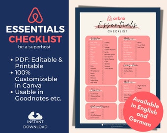 Airbnb Essentials Checklist editable in PDF, Canva, Goodnotes or Printed | Airbnb Checklist | Digital Checklist | Instant Download