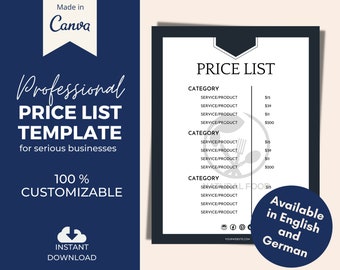 Editable Price List Template for Your Business | Printable Price List for Freelancers, Content Creators, Bloggers | Digital Download | Canva