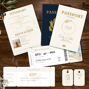 Paspoortuitnodigingsbundel voor bestemmingsbruiloft + instapkaart en taslabels | 100% aanpasbare canva-sjabloonbundel | Direct downloaden