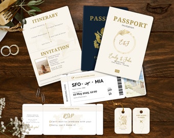 Passport Invitation Bundle for Destination Wedding + Boarding Pass & Bag Tags | 100% Customizable Canva Template Bundle | Instant Download