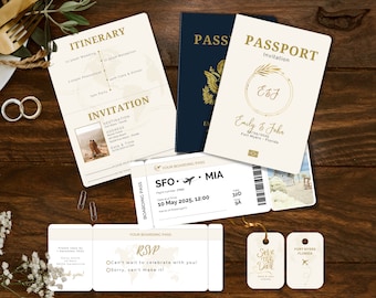 Destination Wedding Invitation Bundle: Passport, Boarding Pass (Canva Template - Instant Download)