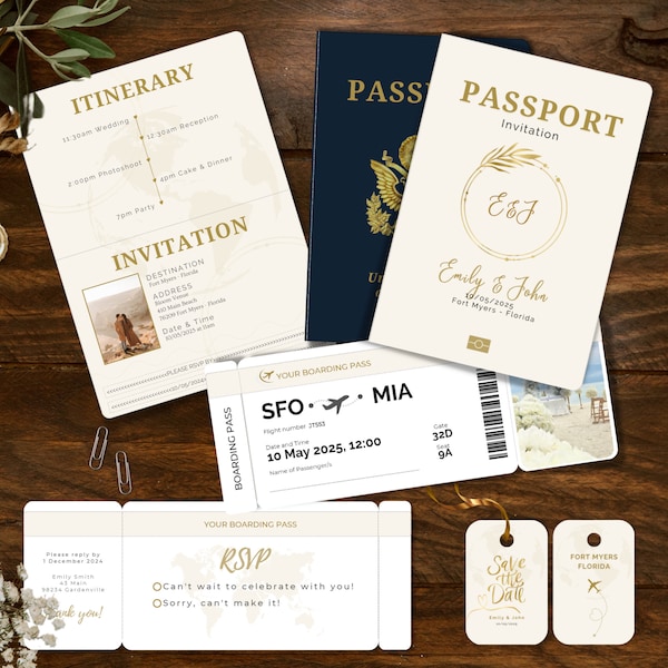 Pass-Einladung für Ziel Hochzeit + Bordkarte & Gepäckanhänger | 100% anpassbares Canva Template Bundle | Sofort Download