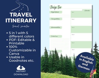 Travel Itinerary | Printable, Editable Travel Itinerary PDF | Canva Template | Goodnotes Itinerary | Trip Template | Instant Download