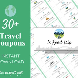 Main product image for travel coupons, showing example coupon and instant download feature