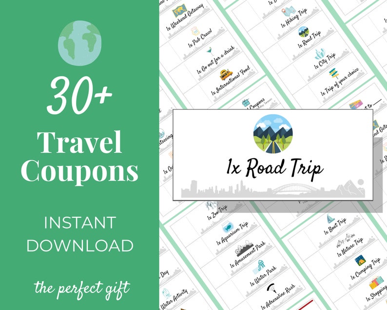 Main product image for travel coupons, showing example coupon and instant download feature