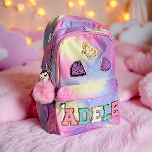 Sac à dos personnalisé arc-en-ciel, sac à dos avec nom, sac à dos personnalisé à écussons, sac à dos personnalisé licorne arc-en-ciel avec écussons, cadeau licorne