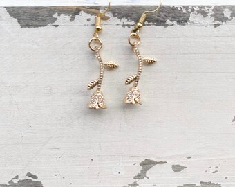 Gold Rose Earrings - Rose Earrings - Gold Rose Drop Earrings - Gold Floral Earrings - Gold Flower Earrings - Bridal Earrings - Gold Drop