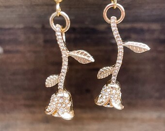 Gold Rose Earrings - Rose Earrings - Gold Rose Drop Earrings - Gold Floral Earrings - Gold Flower Earrings - Bridal Earrings - Gold Drop