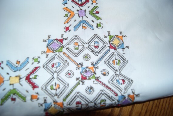 ヴィンテージ 手刺繍テーブルクロス ネイティブアメリカン柄 ホワイト