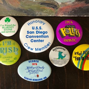 Vintage 70s & 80s Pinback Button Collection Vintage Pinback Buttons Vintage Intel Vintage Palm Springs Follies Vintage Golf Classic Button image 3