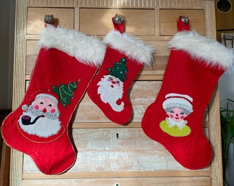 Vintage Handmade Felt Applique Christmas Stockings Vintage Mid Century Christmas Stocking Set Vintage Felt and Sequin Christmas Stockings