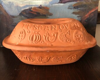 Vintage Romertopf Clay Terra Cotta Baking Dish #109 Made in West Germany Seasoned Pot Embossed Chicken Rooster Fish